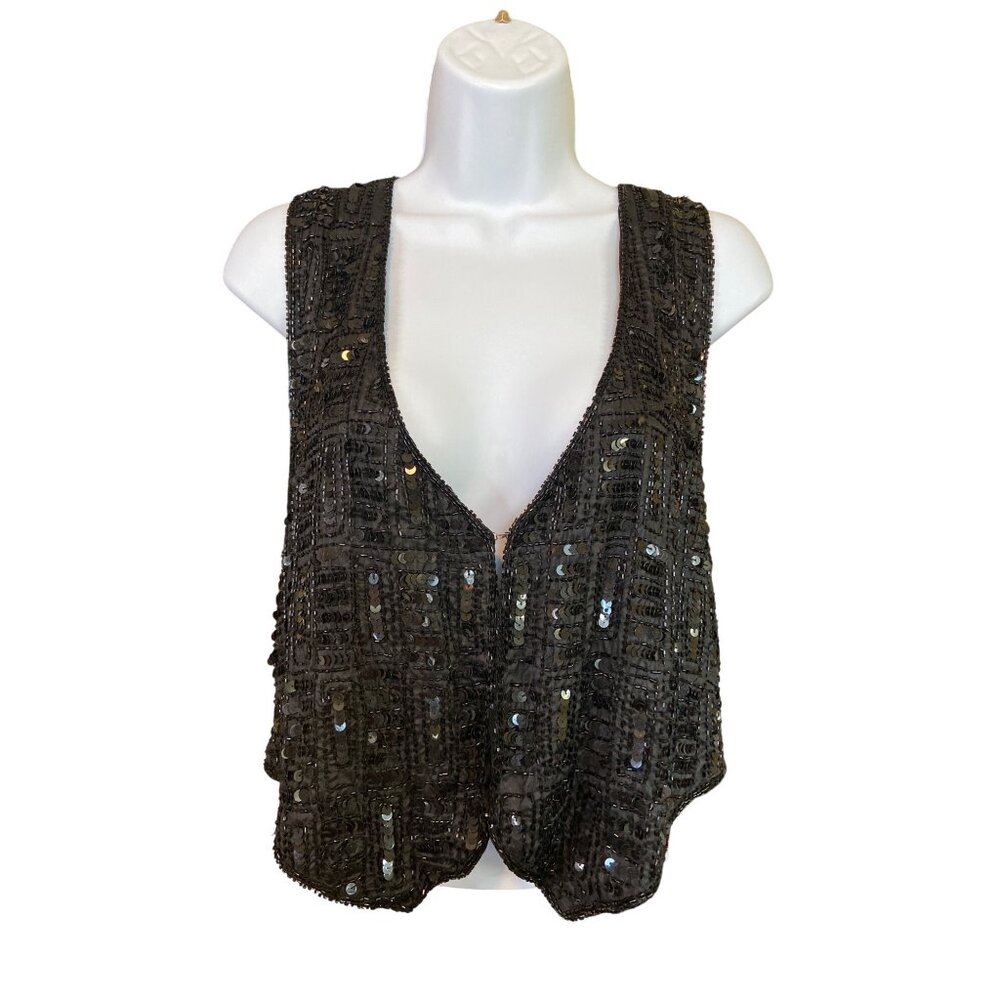Cee Cee Silk Beaded Sequin Vest India M Boho Gatsby Party Vintage Y2K Festival